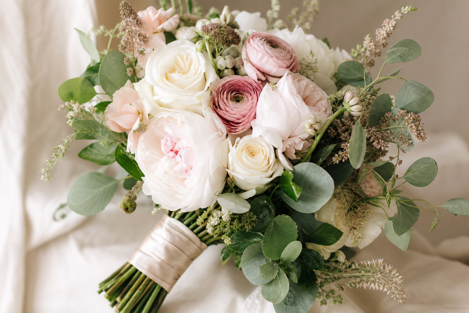 Brautstrauß mit weißen Rosen und Pfingstrosen